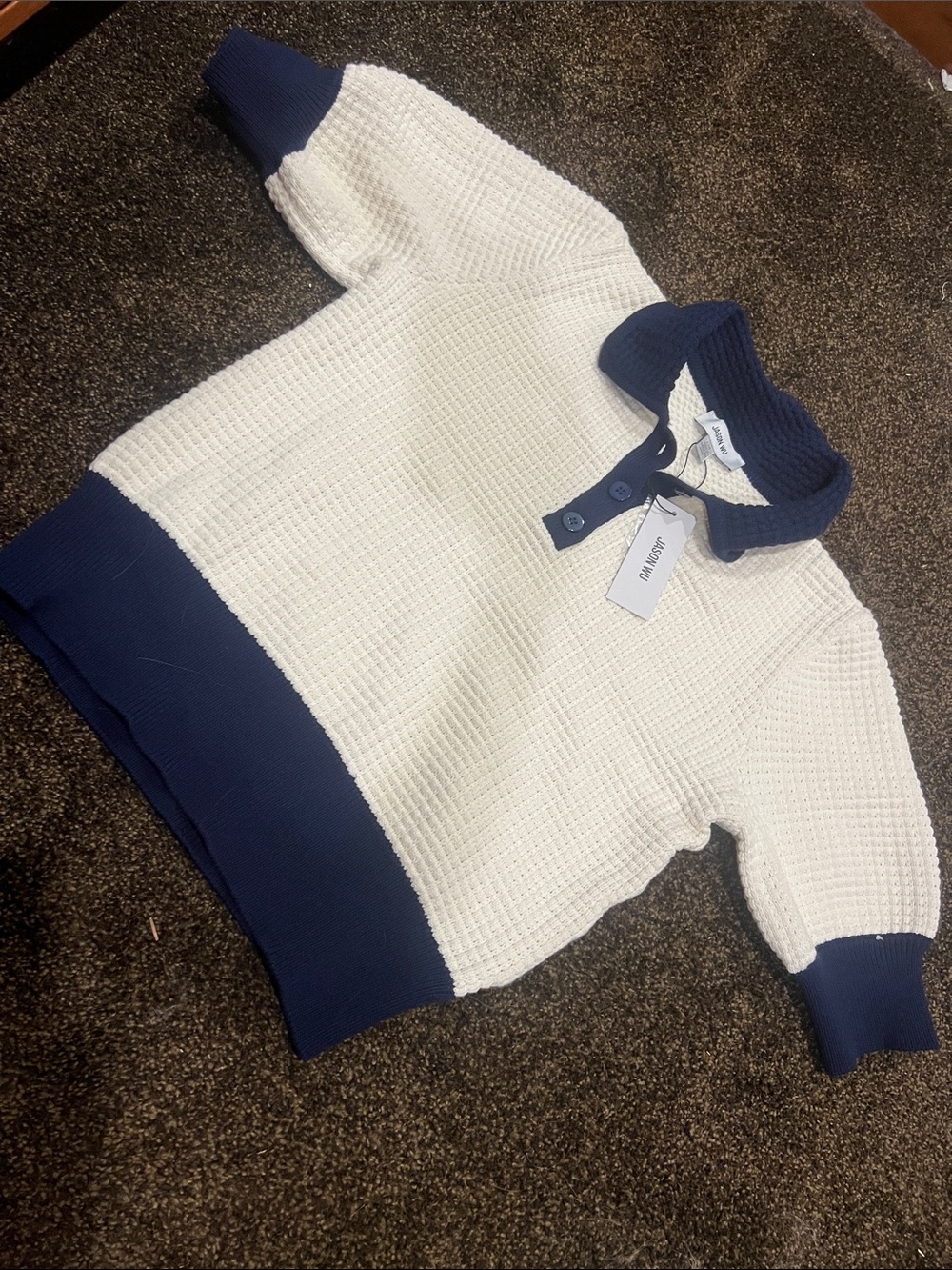 Jason Wu White Waffle Knit Zip-Up Sweater with Navy Trim